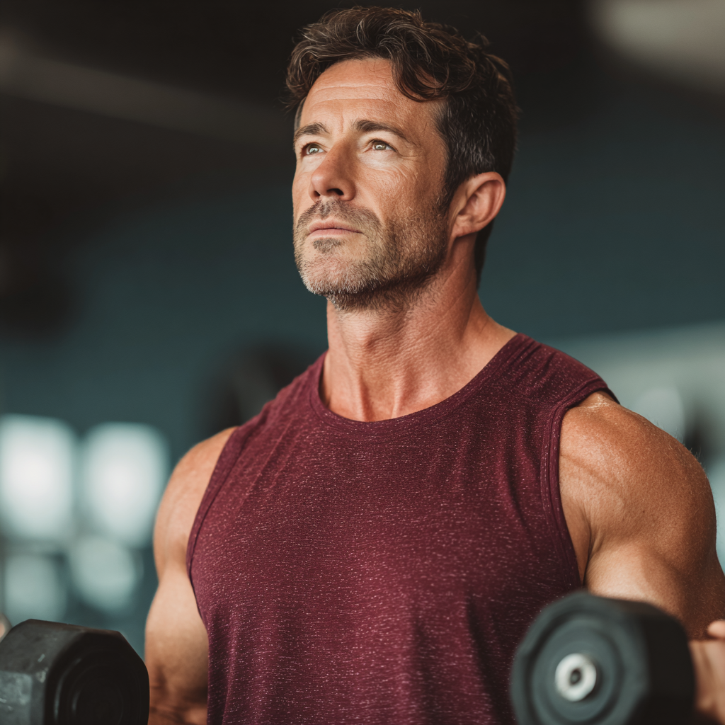 Confident man in athletic wear doing strength training in modern gym