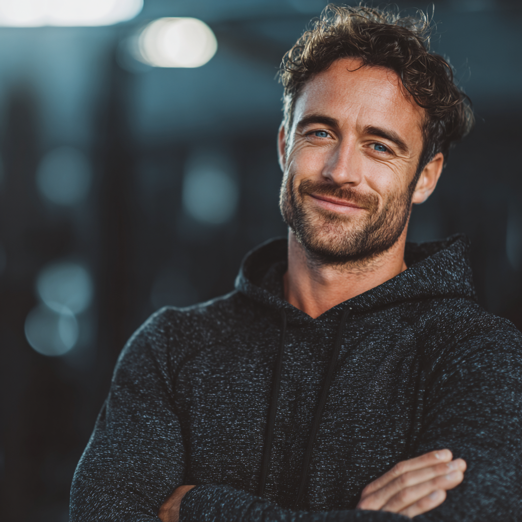 Successful businessman in his 30s smiling confidently after completing workout routine